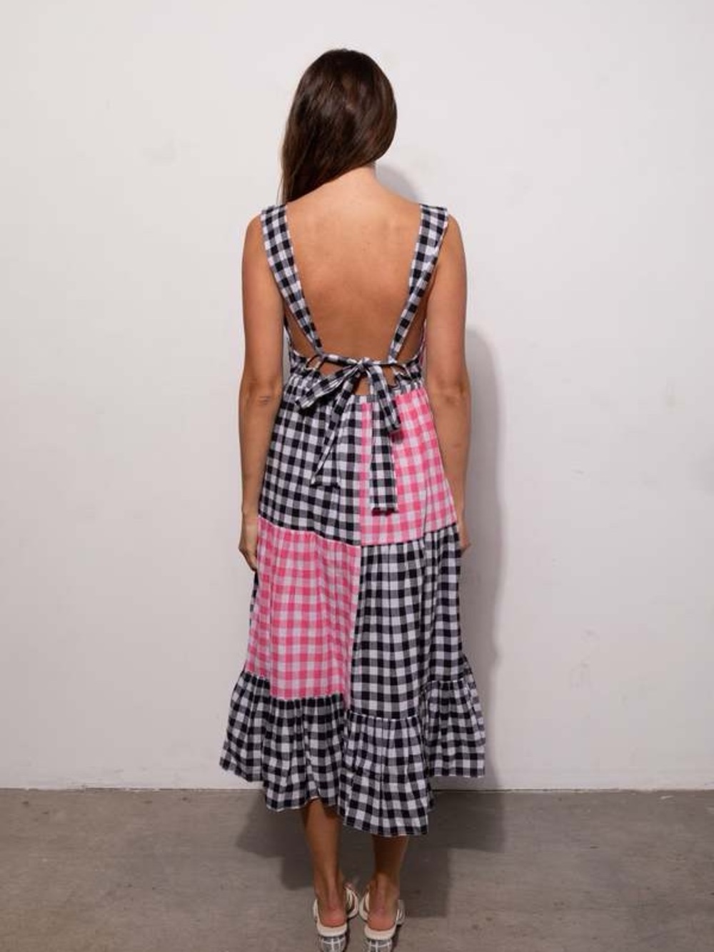 Rujuta Sheth Gema Backless Tiered Halter Dress in Black/Rose Chex - Picture 2 of 5